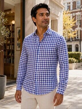 Thomas Pink Slim Fit Linen Cotton Check Dress Shirt Blue White Men's 15.5